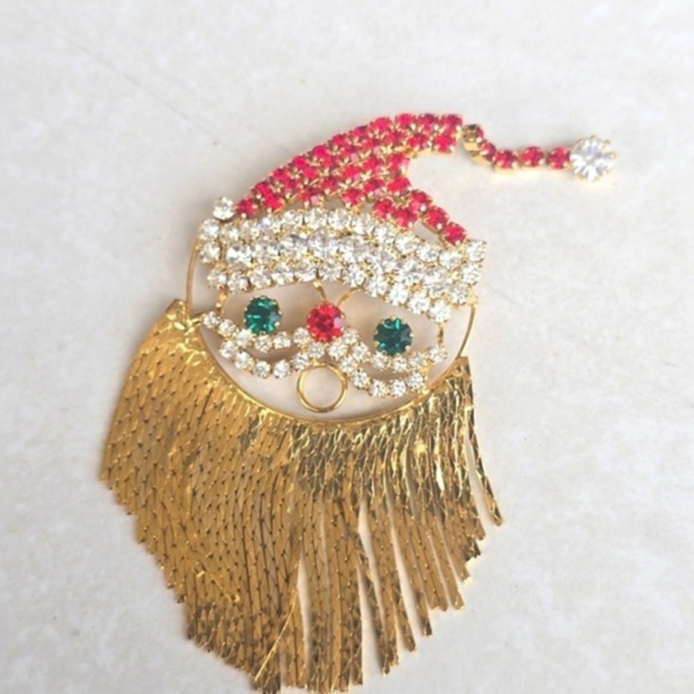 Santa Claus Face Christmas Brooch Pin Rhinestone Red White Green Gold Tassel